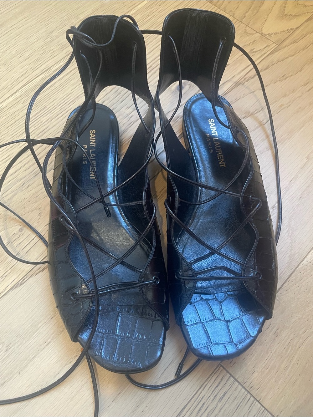Saint Laurent Black Croc-Embossed Lace-Up Open-Toe Sandals